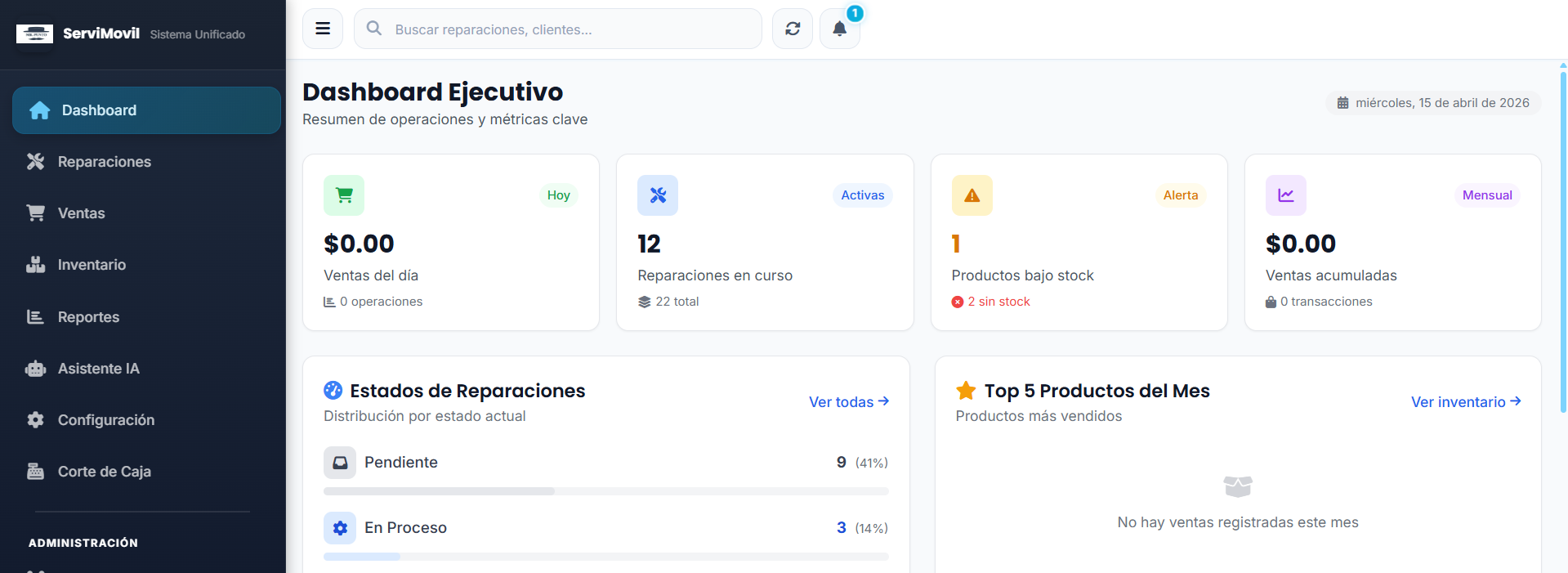 Dashboard de Mr. Punto - Panel de control para gestion de reparaciones y ventas de talleres de celulares